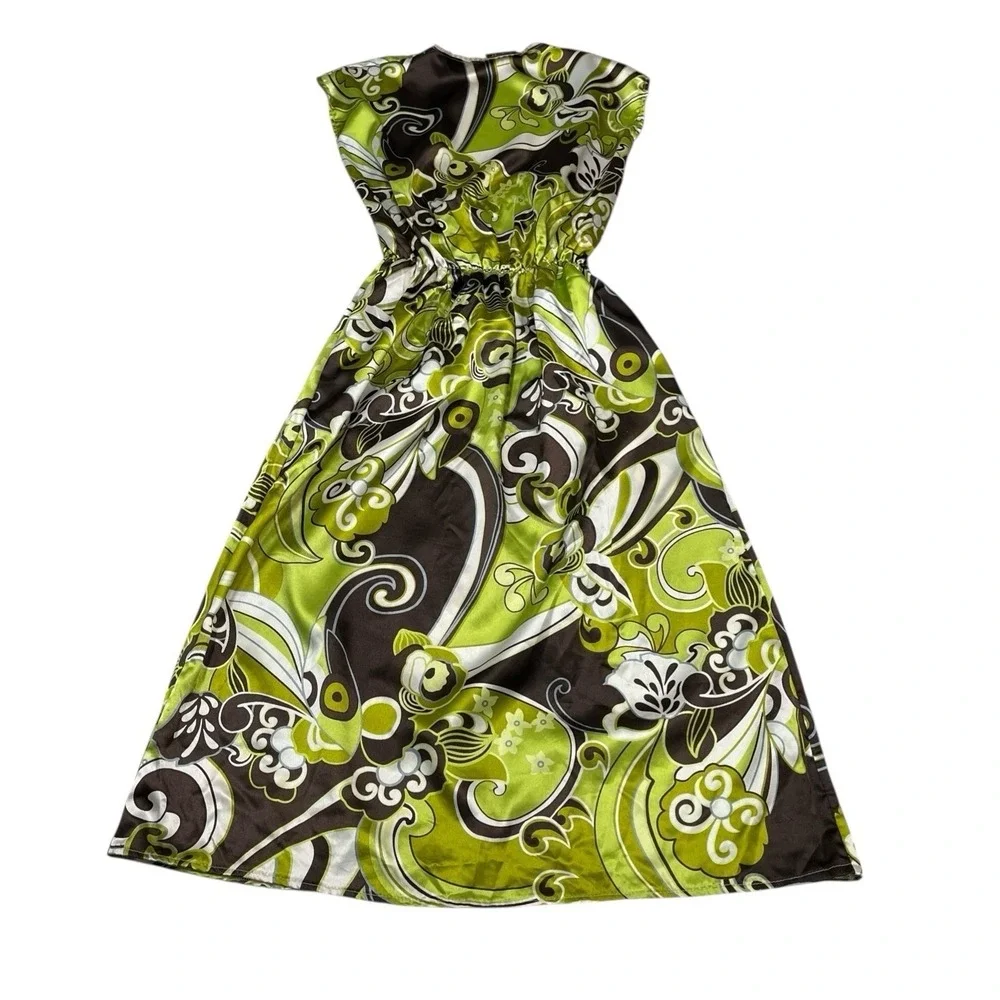 Vintage Y2K Johann Dress Green Brown Satin Babydoll Deep‎ V Size S/M Retro 70s